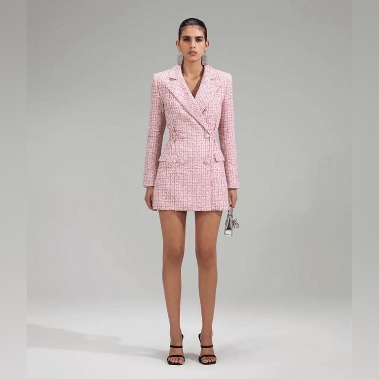 Self-Portrait Pink V Neck Boucle Tailored Mini Dress, Pink, Size 4